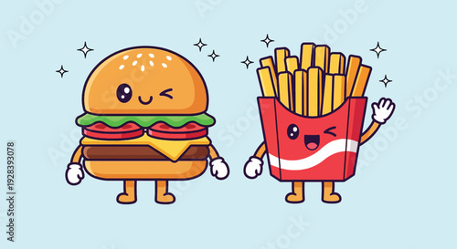Cute cartoon hamburger and french fries characters.