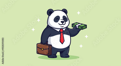 Cute cartoon panda businessman holding money and briefcase.