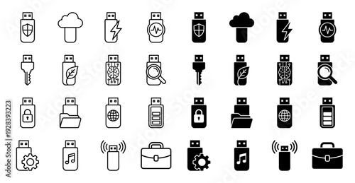 Collection of hybrid usb flash drive icons featuring integrated symbols for security data storage cloud computing energy and professional business management