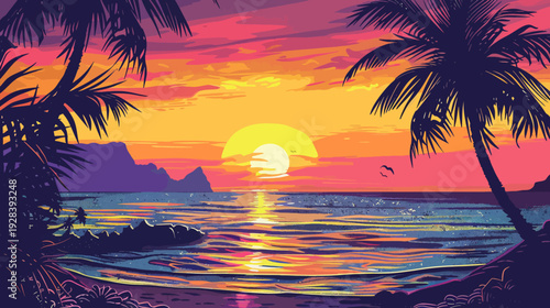 Vibrant sunset on a tropical beach framed by palm trees in pixel art style