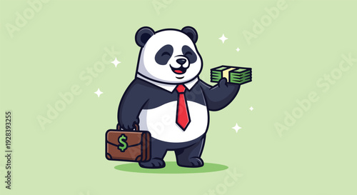 Cute Panda Businessman Holding Money and Briefcase.