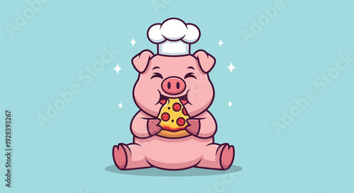 Cute Pig Chef Eating Delicious Pizza Slice Cartoon.