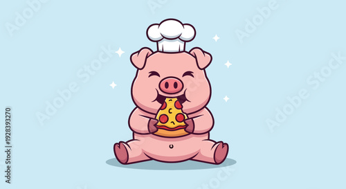 Cute Pig Chef Eating Pizza Cartoon Illustration.