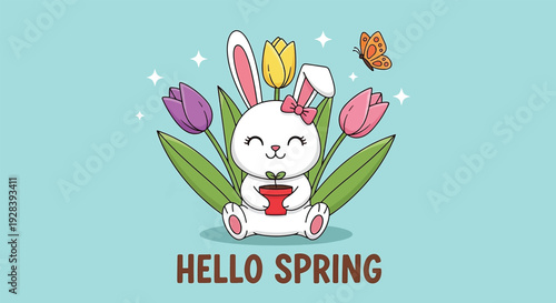 Cute white bunny with tulips and butterfly Hello Spring.