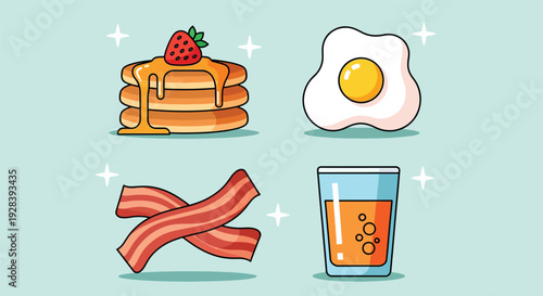 Delicious Breakfast Food Set with Pancakes Eggs Bacon and Orange Juice.