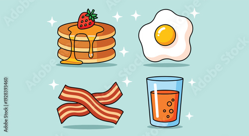 Delicious breakfast set with pancakes fried egg bacon and orange juice.