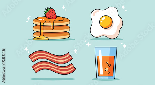 Delicious breakfast set with pancakes egg bacon and orange juice.