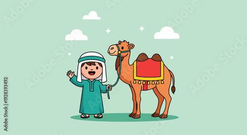 Happy Arab Boy with Camel in Desert Landscape.