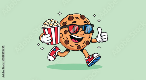 Happy Cookie Character with 3D Glasses and Popcorn.