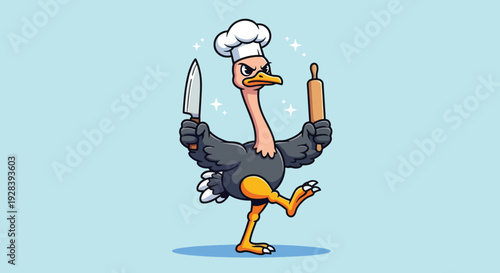 Ostrich Chef with Knife and Rolling Pin.