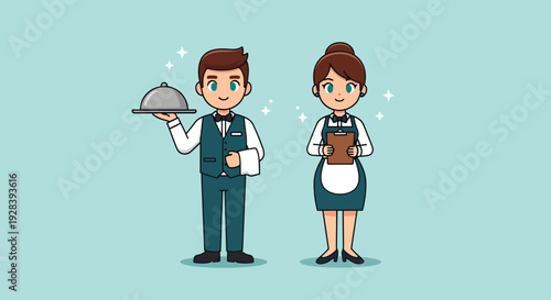 Professional Waiter and Waitress Serving in Restaurant Illustration.