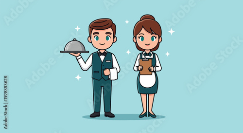Professional Waiter and Waitress Serving in Restaurant.