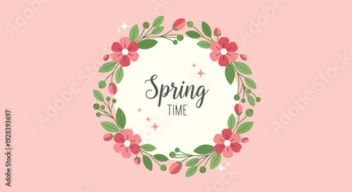 Spring Time Floral Wreath on Pink Background.