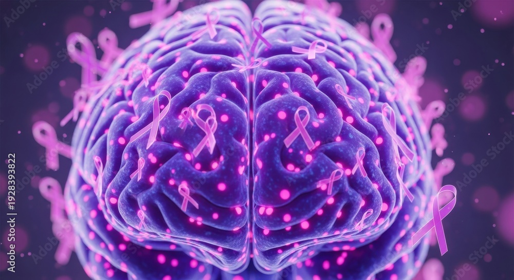 Obraz premium Human Brain Embellished with Pink Ribbons & Glowing Spots: Symbol of Neurological Cancer Awareness, Research & Hope for Cures.