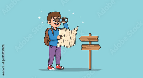 Young man exploring with map and binoculars seeking direction.