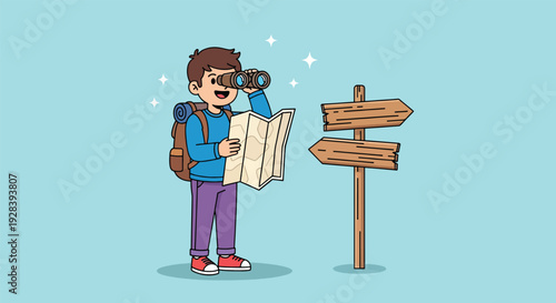 Young man with backpack and binoculars looking for direction with map and wooden signpost.