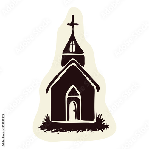 Hand drawn village church landscape scene with christian cross on bell tower. Black and white isolated vector motif for chapel, shrine Christian pilgrimage sanctuary symbol. European camion travel
