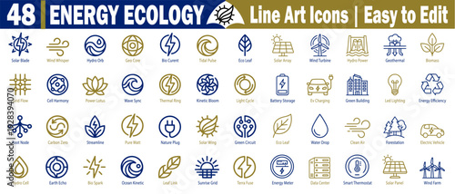 Energy ecology line art icons set.  Eco-friendly design elements and sustainable lifestyle symbols, easy-to-edit vector graphics for nature conservation illustration.