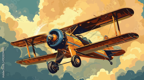 A vintage, biplane soars through a sunset sky, with a detailed illustration of its mechanics