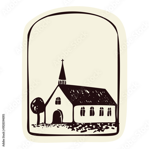 Hand drawn village church landscape scene with christian cross on bell tower. Black and white isolated vector motif for chapel, shrine Christian pilgrimage sanctuary symbol. European camion travel