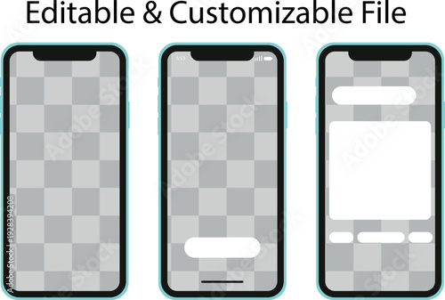 Mockup of three black smartphones displaying blank app screens for design presentation