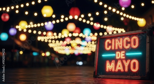 A vibrant Cinco de Mayo celebration with colorful lights and a neon sign