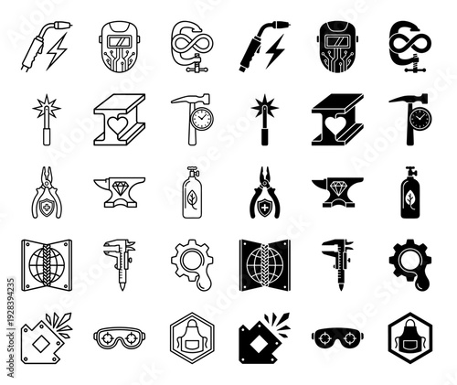Professional industrial metalworking icon set featuring hybrid welding symbols equipment tools with lightning heart and clock metaphors in dual style