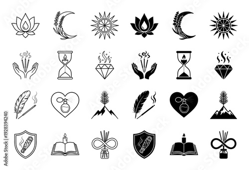 Mystical wellness hybrid icon set featuring lotus water drop moon lavender sun citrus incense hands hourglass flame diamond smoke and sage shield