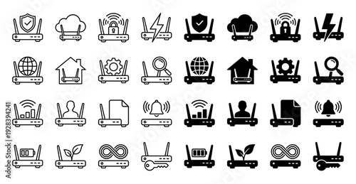 Set of minimalist network router icons featuring hybrid conceptual symbols for security cloud connectivity smart home and energy efficiency
