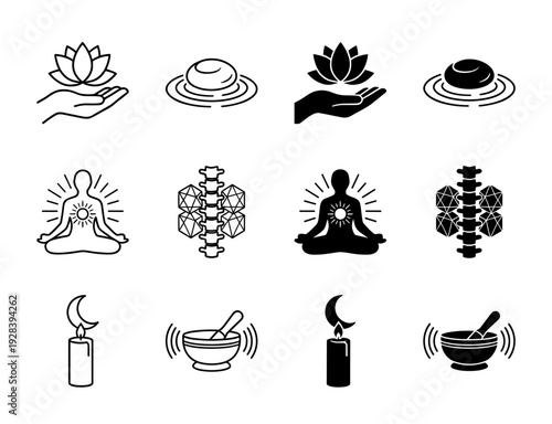 Holistic Wellness and Spiritual Healing Icons Combining Lotus Hands Zen Stones Meditating Figures Spine Alignment and Sacred Geometry Symbols