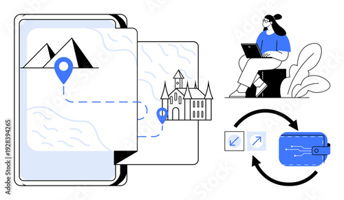 Travel planning. A digital map with landmarks and GPS tool aids travel planning. Travel enthusiast with laptop engages in route and financial planning. Useful for travel tech, mobile apps, GPS