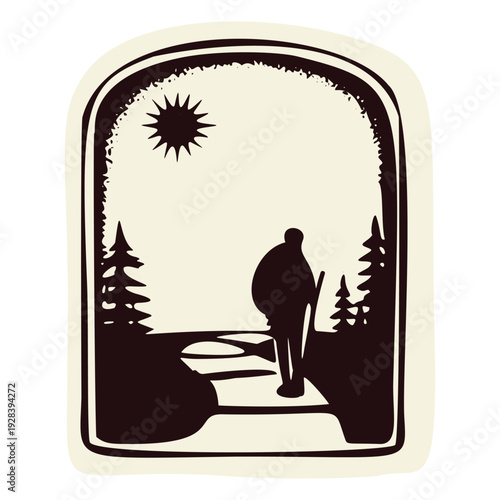  Hand drawn pilgrimage trail in euroe icon. Simple frame with forest, tree, sun and single person figure with backpack hiking along welsh camino pilgrims way. Isolated on white for contemplative motif