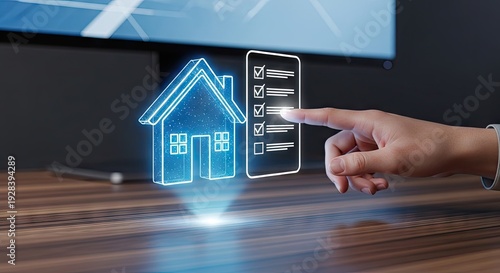Digital real estate concept holographic house and checklist on a screen