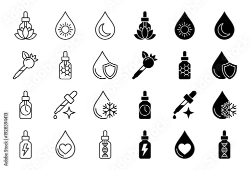 Serum and essential oil dropper bottle icons featuring hybrid symbols for skincare wellness and holistic beauty treatment products