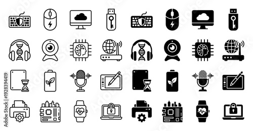 Hybrid hardware icons featuring conceptual merges of computer peripherals with security biology and sustainable green energy symbols in dual styles