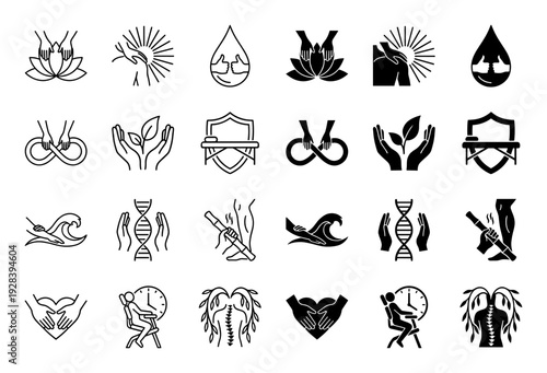 Professional massage therapy and chiropractic icon set featuring hybrid symbols of human anatomy with nature elements for holistic wellness and healing