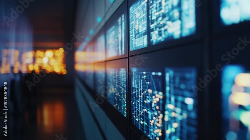 Modern control room with multiple screens a wall, monitoring vast amounts of digital information and analytical graphs in real time, creating a powerful data management concept