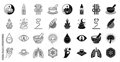 Holistic wellness and alternative medicine hybrid icon set featuring lotus yin yang bamboo dna droplet clock and botanical lung designs