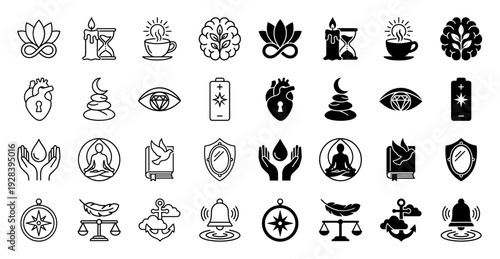 Mindfulness and spiritual hybrid icons featuring a lotus infinity symbol brain with plant growth heart lock and candle hourglass conceptual metaphors