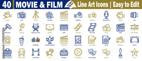 Line art icons set for movie and film production and cinema industry elements. Easy to edit vector graphics for entertainment, business, and creative projects, and illustration.