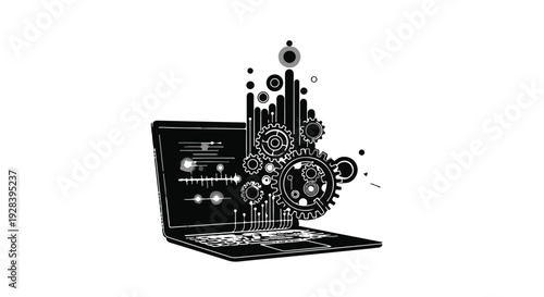 Laptop with gears and cogs emerging from screen technology concept