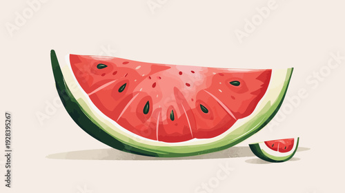 A vibrant watercolor illustration showcases a juicy watermelon slice, small slice nearby. Background is beige