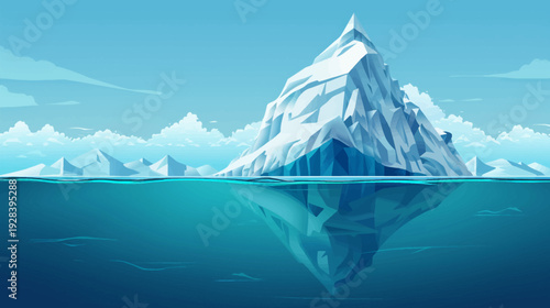 Pixelated artwork depicts a large iceberg with its reflection in water beneath a blue sky