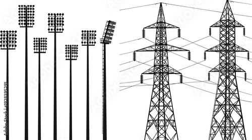Electric transmission towers and stadium floodlight poles silhouette with high voltage power lines energy infrastructure vector illustration collection set