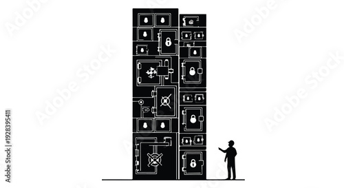 person standing in front of large server room or data center
