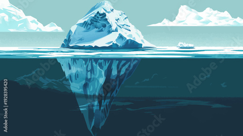 Pixelated iceberg with vast submerged section under icy surface, cloudy sky above
