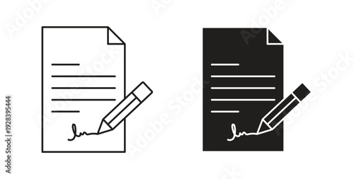 Document signed icon style design pack on white background. Thin line and clipart style
