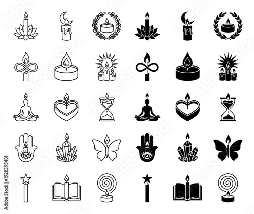 Mystical candle hybrid icon set featuring spiritual symbols merged with flame elements in minimalist outline and solid black silhouette styles