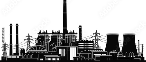 Industrial power plant factory skyline silhouette with cooling towers smokestacks electricity transmission lines heavy industry energy infrastructure vector illustration design