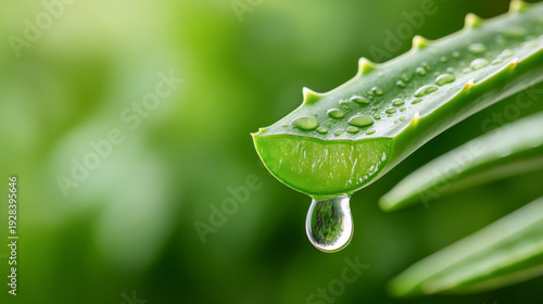 Fresh aloe vera leaf with droplet on green background for natural skincare design